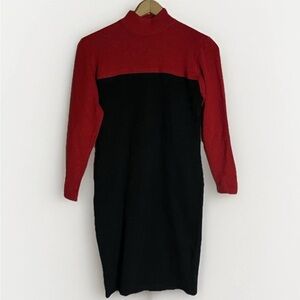 Vintage 80s ST JOHN Santana Knit Colorblock Red Black Mock Neck Dress Size 6
